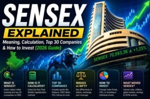 Read more about the article SENSEX Explained: Meaning, Calculation, Top 30 Companies & How to Invest (2026)