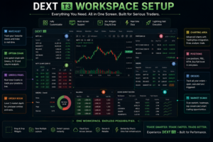 DEXT T3 workspace setup infographic showing option chain, Greeks, charting area, positions, orders and market scanning tools for active traders in India.