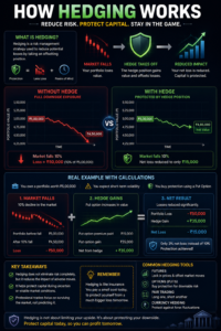 Detailed infographic explaining how hedging works in stock markets using futures, options, and portfolio protection strategies to reduce downside risk.