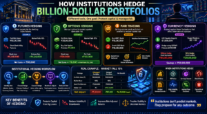 Advanced infographic explaining how institutions hedge billion-dollar portfolios using futures, options, pair trading, and currency hedging strategies.
