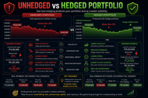 Comparison infographic showing the difference between unhedged and hedged investment portfolios during market volatility and crashes.