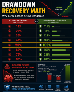 Infographic explaining how much percentage gain is needed to recover from different trading losses, showing that a 50 percent loss requires a 100 percent gain to break even.