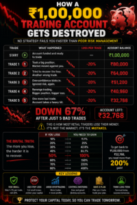Infographic showing how a ₹1 lakh trading account declines to ₹32,768 after five consecutive 20 percent losses and the recovery required to break even.