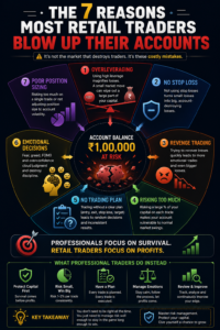 Infographic showing the seven most common reasons retail traders lose money, including overleveraging, revenge trading, poor position sizing, emotional decisions, and lack of risk management.